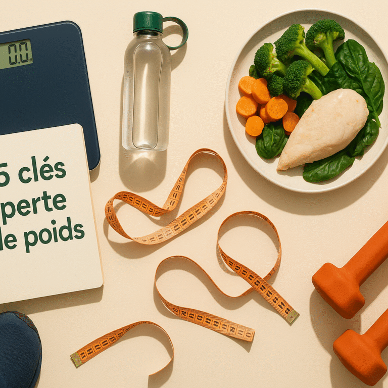 Flatlay perte de poids : carnet avec 5 clés, balance, assiette saine avec protéines et légumes, gourde, mètre ruban, chaussures de sport et haltères.