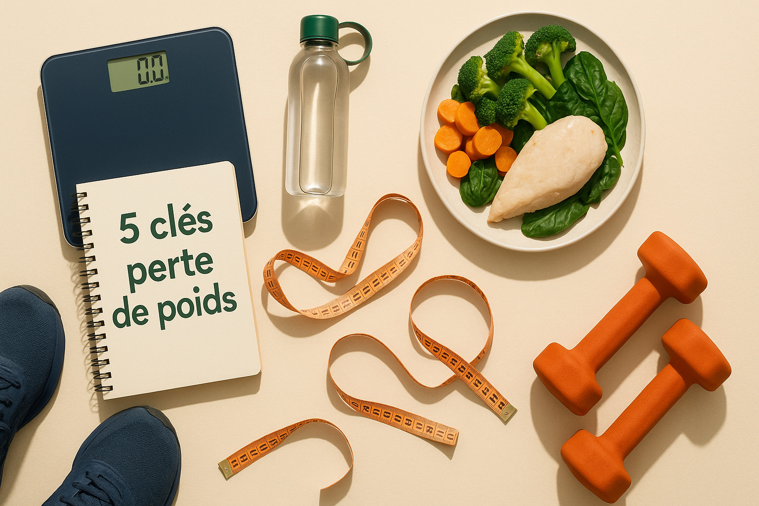 Flatlay perte de poids : carnet avec 5 clés, balance, assiette saine avec protéines et légumes, gourde, mètre ruban, chaussures de sport et haltères.