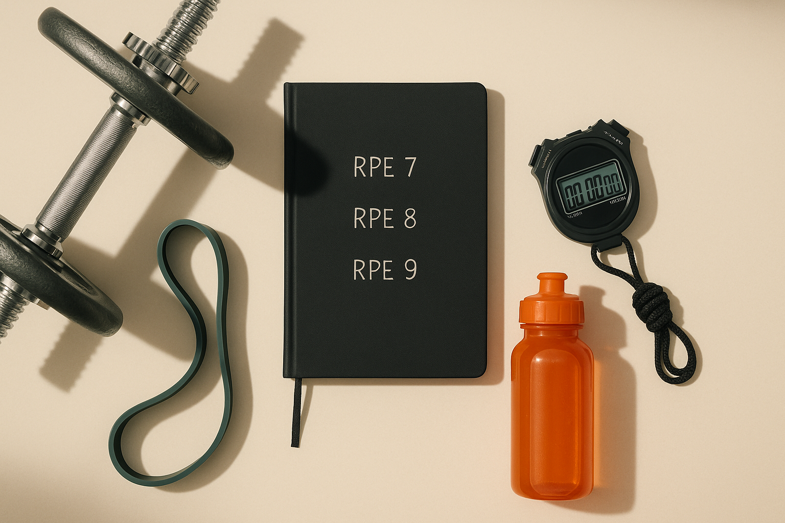 Flatlay musculation : carnet avec notes RPE, haltères, chrono et accessoires de fitness sur fond beige minimaliste.