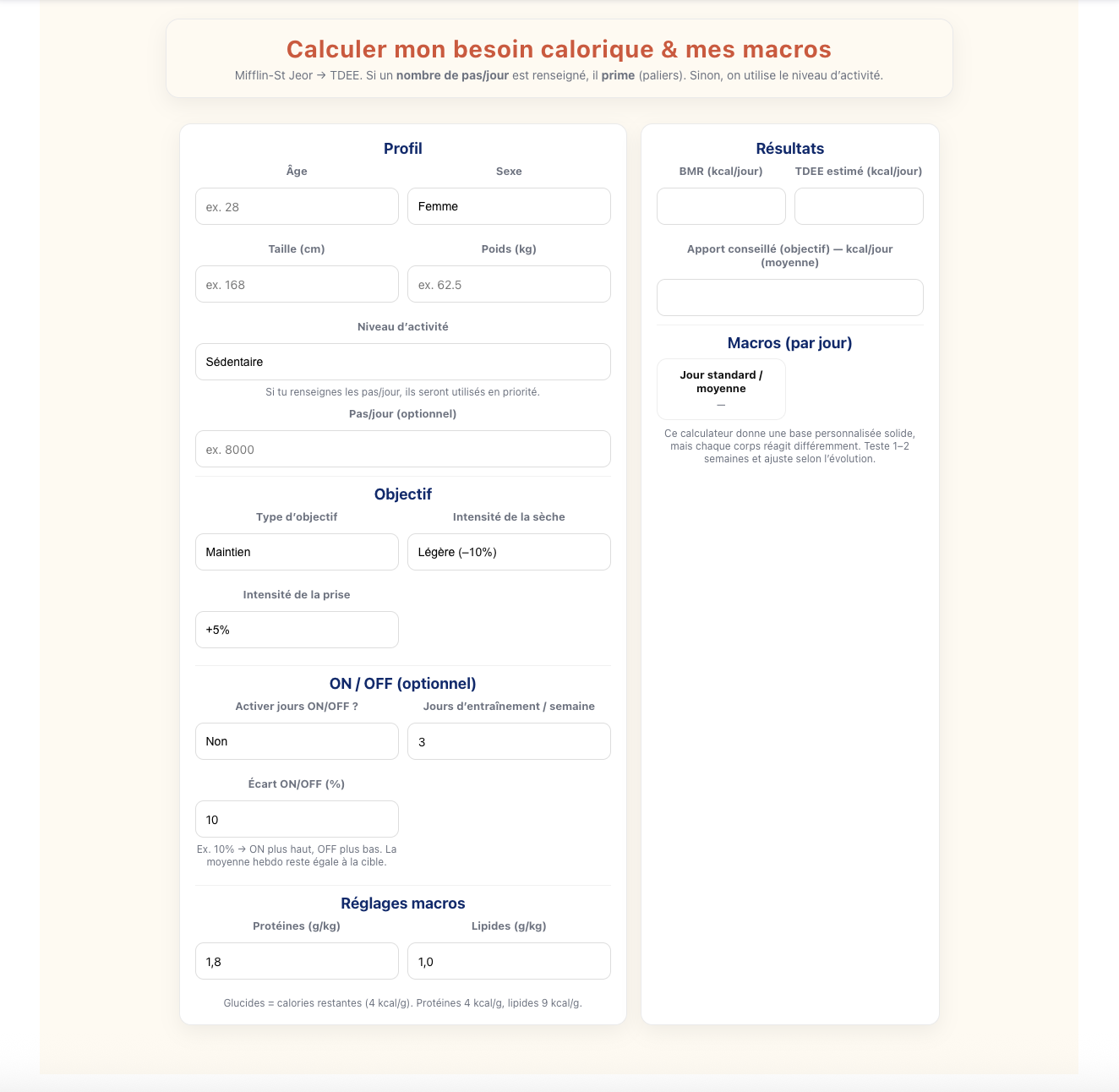 Aperçu du calculateur avancé Premium (calories & macros)
