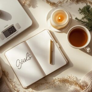 Flatlay hivernal 16:9 illustrant la motivation avant les fêtes : pèse-personne, carnet ouvert avec le mot “Objectifs”, tasse chaude et décoration festive douce sur fond beige.