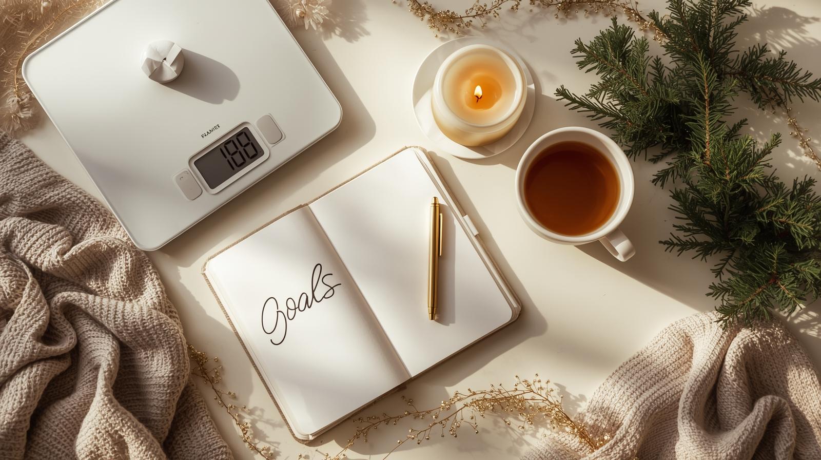 Flatlay hivernal 16:9 illustrant la motivation avant les fêtes : pèse-personne, carnet ouvert avec le mot “Objectifs”, tasse chaude et décoration festive douce sur fond beige.