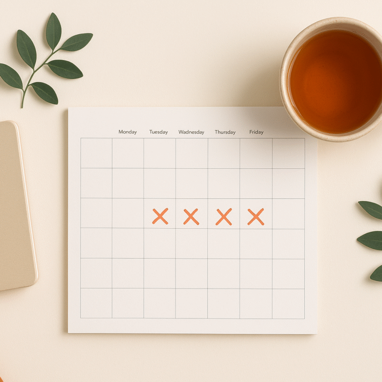 Flatlay minimaliste d’un calendrier mensuel avec des croix rouges marquant la période menstruelle, accompagné d’un carnet beige, d’une tasse de tisane et d’éléments verts, symbolisant les fringales prémenstruelles et l’écoute du corps.