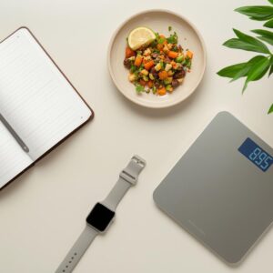 Flatlay minimaliste sur table claire illustrant la perte de poids durable : carnet ouvert, assiette équilibrée, balance de cuisine, montre connectée et plante verte, symbolisant l’équilibre et la constance.