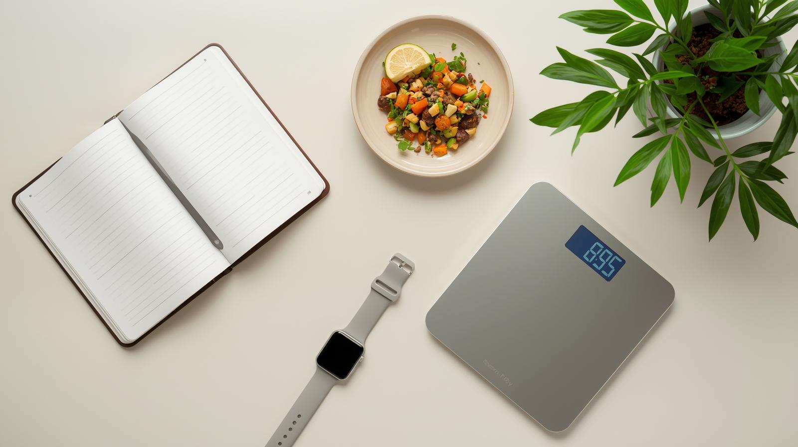 Flatlay minimaliste sur table claire illustrant la perte de poids durable : carnet ouvert, assiette équilibrée, balance de cuisine, montre connectée et plante verte, symbolisant l’équilibre et la constance.