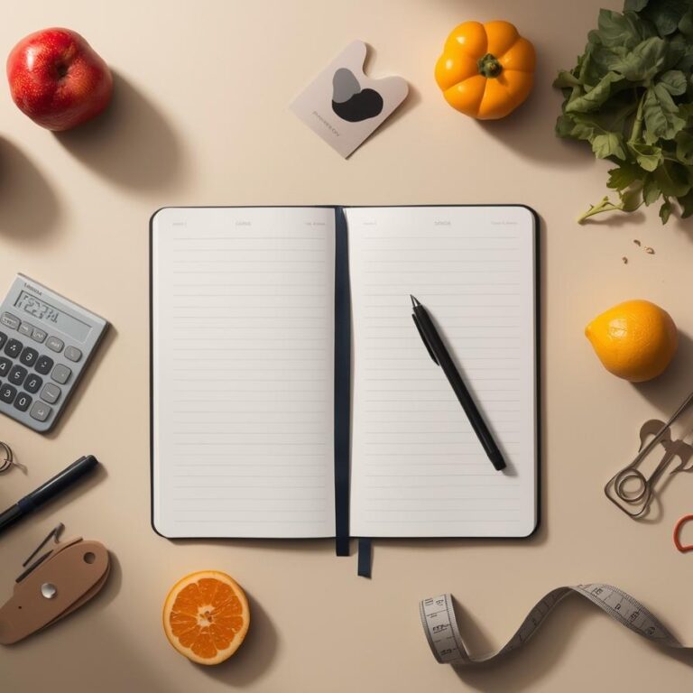 Flatlay Saisen Body illustrant le déficit calorique agressif, avec carnet, calculatrice, aliments sains et palette beige, vert, orange et bleu.