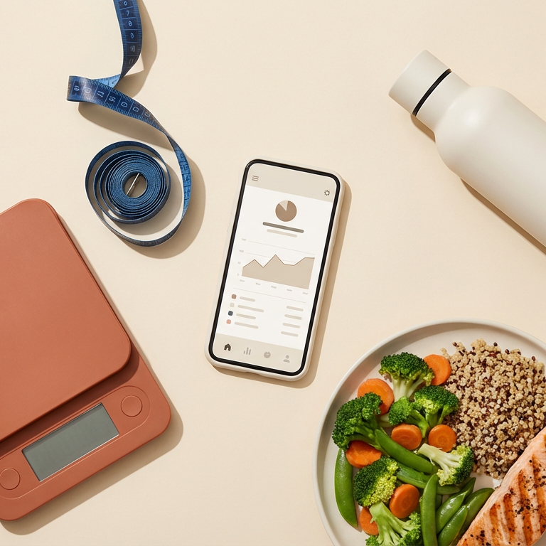 Flatlay d’objets liés à la stagnation de la perte de poids : pèse-aliments, mètre ruban, smartphone de suivi, gourde et assiette healthy