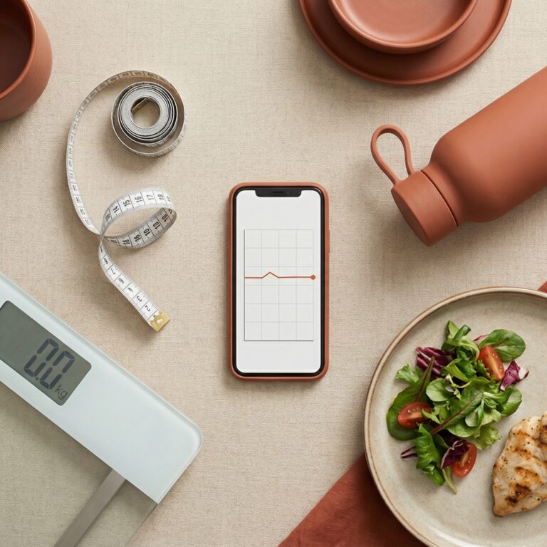 Flatlay d’objets liés à la stagnation de la perte de poids : pèse-aliments, mètre ruban, smartphone de suivi, gourde et assiette healthy