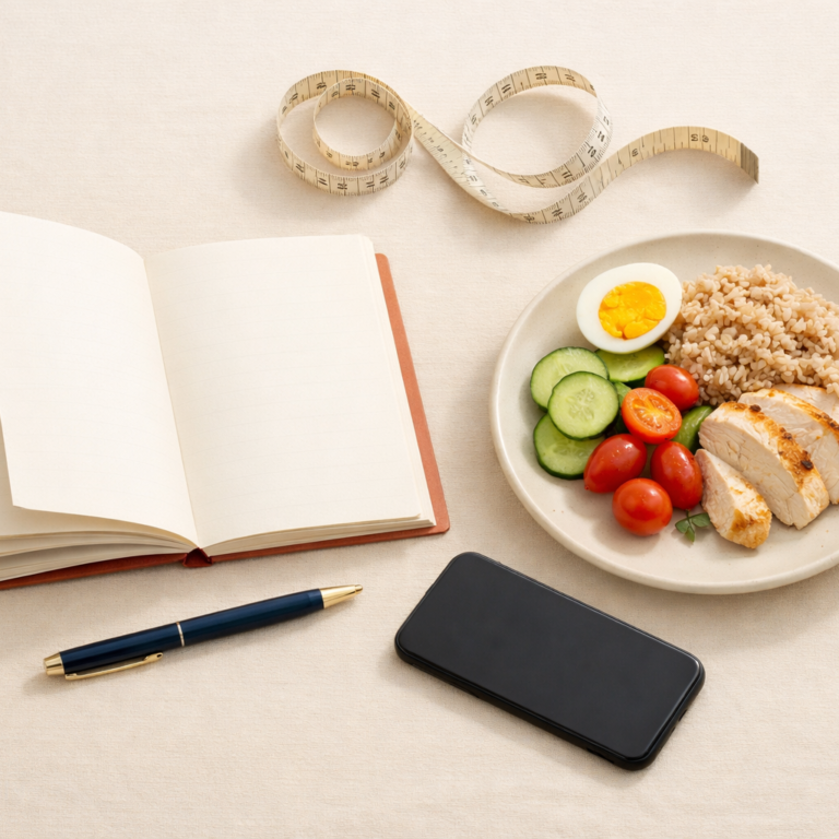 Flatlay illustrant la stagnation de la perte de poids après plusieurs régimes avec carnet, mètre ruban et assiette simple