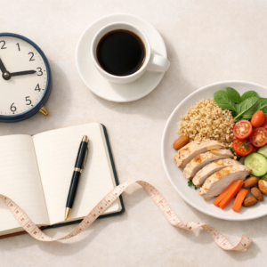 Flatlay illustrant une stagnation avec le jeûne intermittent comprenant horloge, tasse, carnet et assiette équilibrée