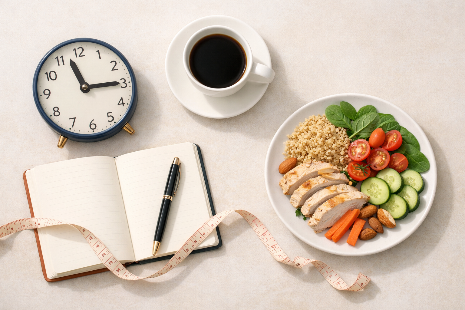 Flatlay illustrant une stagnation avec le jeûne intermittent comprenant horloge, tasse, carnet et assiette équilibrée