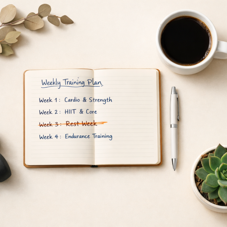 Flatlay carnet de planning d'entraînement avec semaine de deload mise en évidence et haltères posés de côté