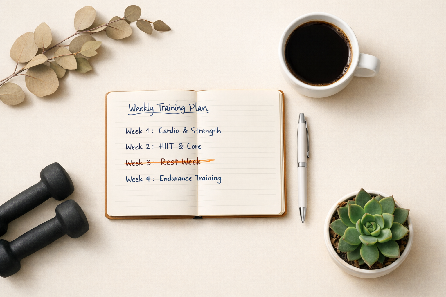 Flatlay carnet de planning d'entraînement avec semaine de deload mise en évidence et haltères posés de côté