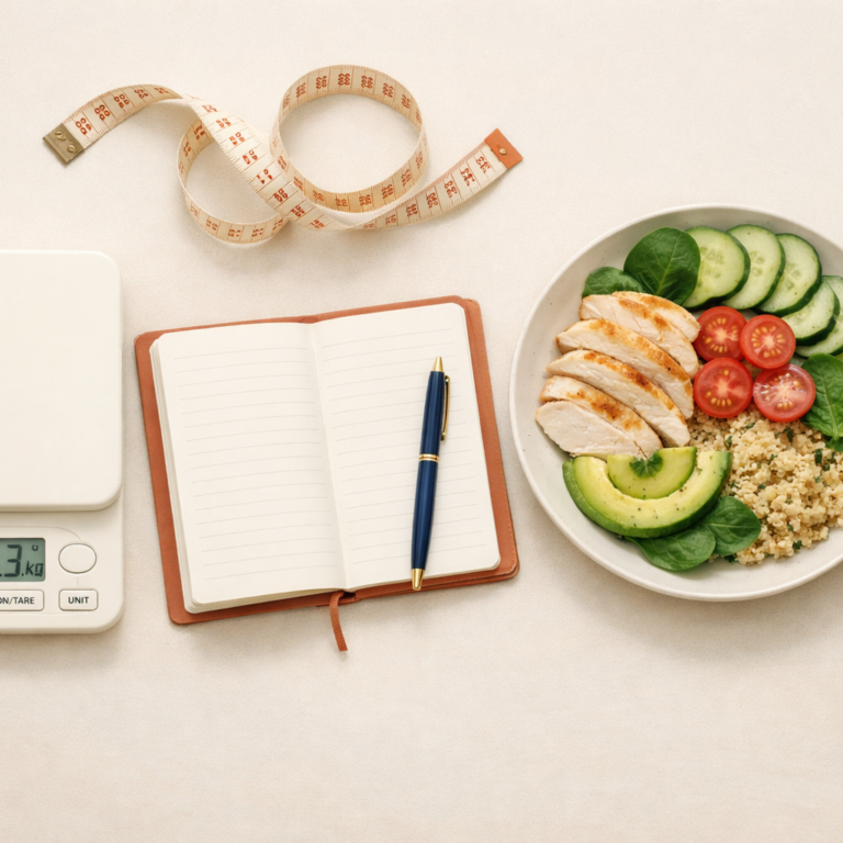 Illustration stagnation perte de poids avec balance et carnet de suivi