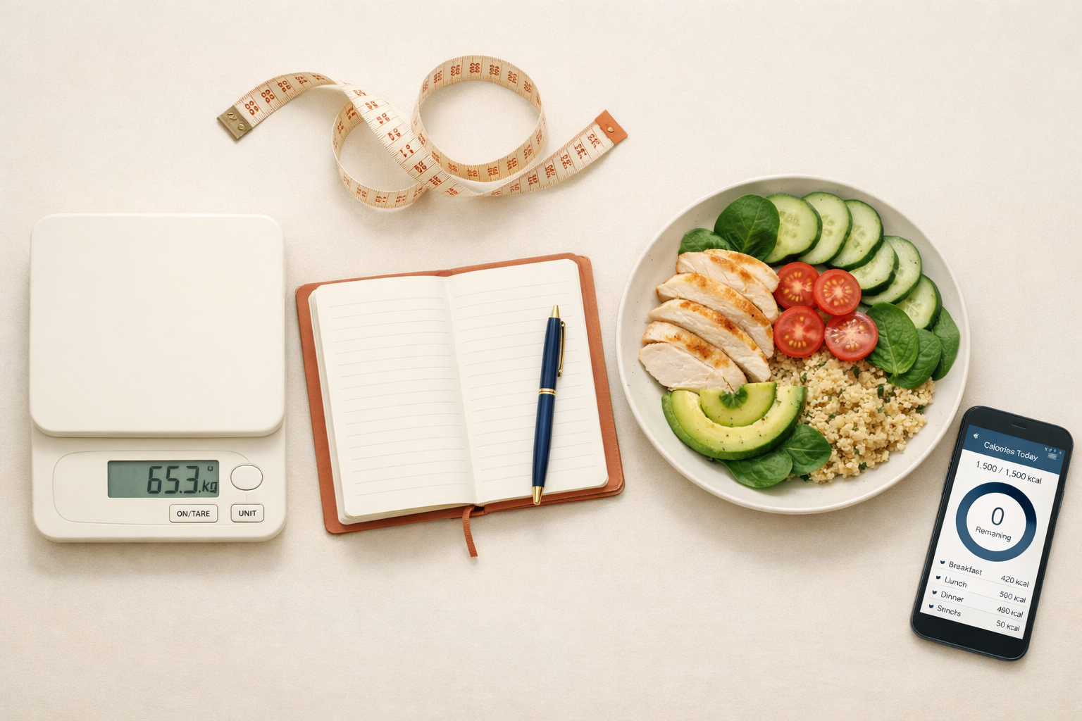 Illustration stagnation perte de poids avec balance et carnet de suivi