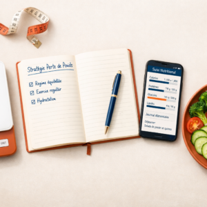 illustration stagnation perte de poids avec carnet suivi et alimentation saine