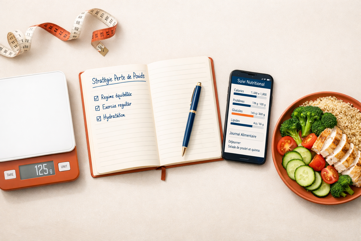 illustration stagnation perte de poids avec carnet suivi et alimentation saine