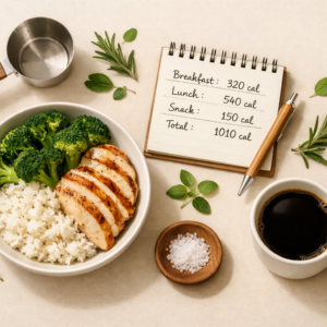 Flatlay représentant une assiette équilibrée et un carnet de suivi calorique pour illustrer la reverse diet