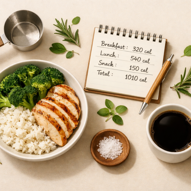 Flatlay représentant une assiette équilibrée et un carnet de suivi calorique pour illustrer la reverse diet