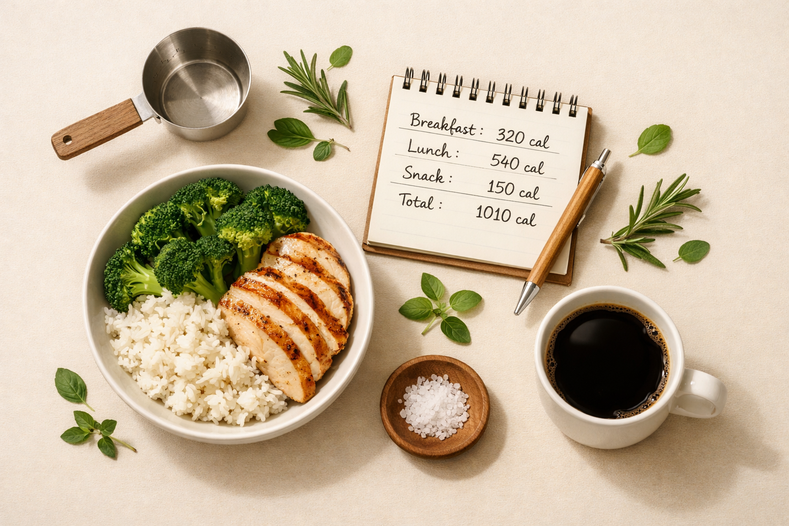 Flatlay représentant une assiette équilibrée et un carnet de suivi calorique pour illustrer la reverse diet