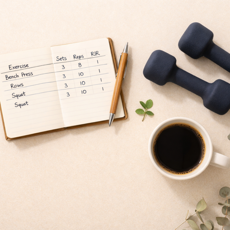 Flatlay carnet de training log avec notation RIR et haltères pour illustrer le RIR en musculation