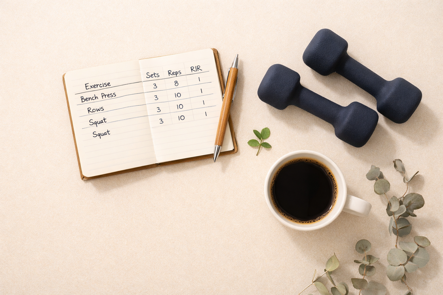 Flatlay carnet de training log avec notation RIR et haltères pour illustrer le RIR en musculation