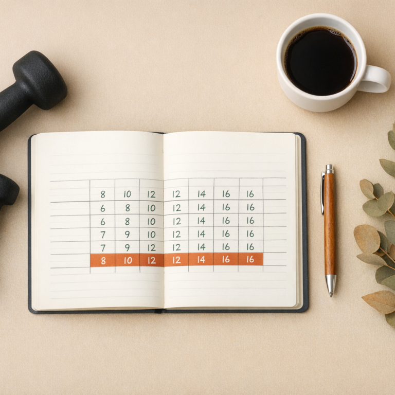 Flatlay carnet de suivi du volume d'entraînement avec progression hebdomadaire et haltères de tailles différentes
