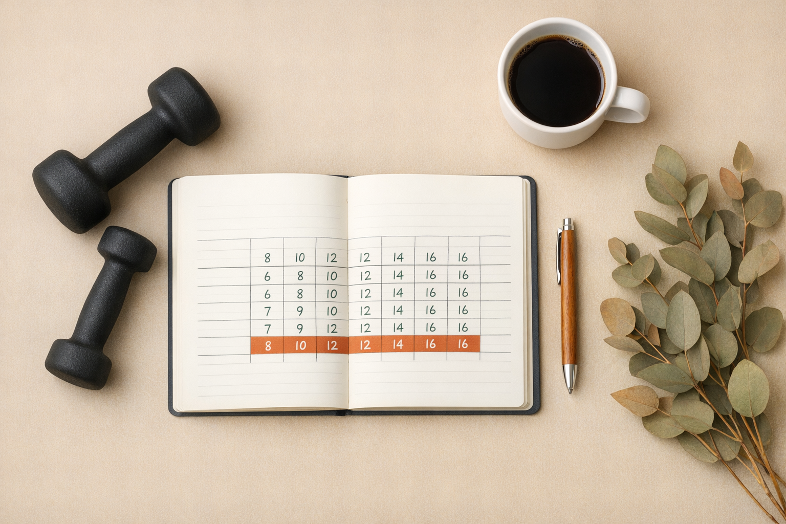 Flatlay carnet de suivi du volume d'entraînement avec progression hebdomadaire et haltères de tailles différentes